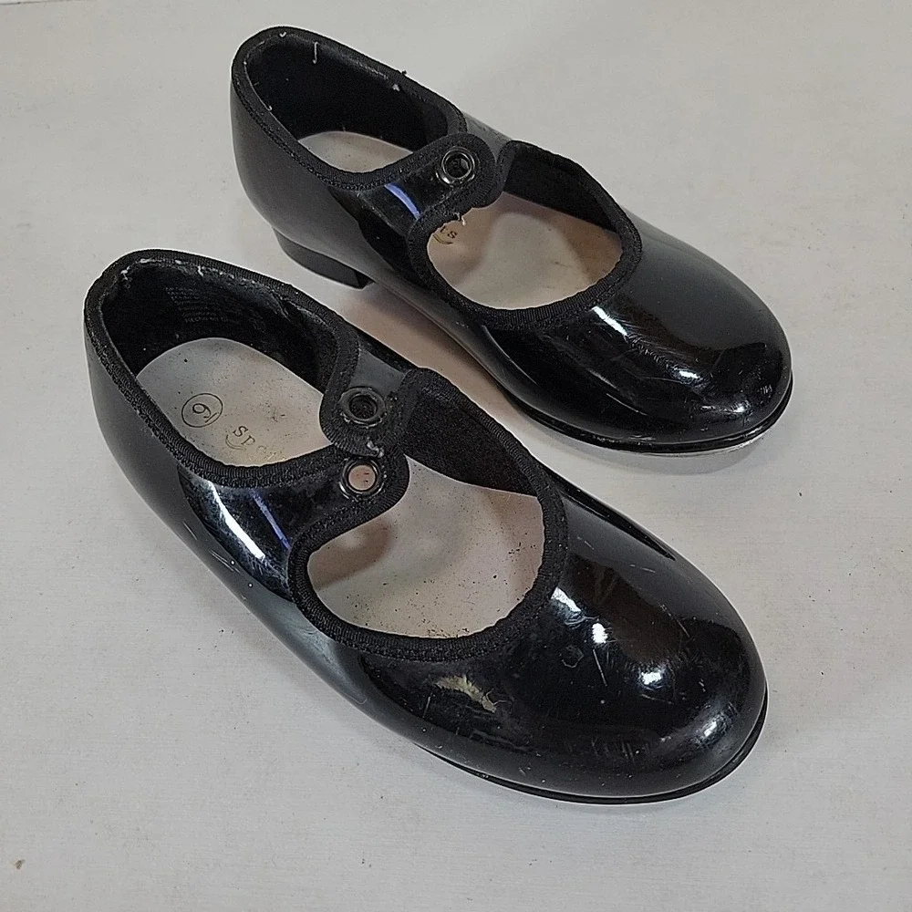 Spotlights Black Patent Tap Dance Shoes‎ Girls Size 9 Youth Mary Jane Slip On